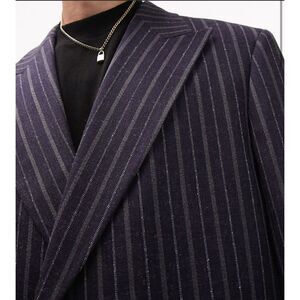 Topman Boxy Fit Suit Jacket in‎ Navy 44R Pinstriped Wool Blend Double Breasted